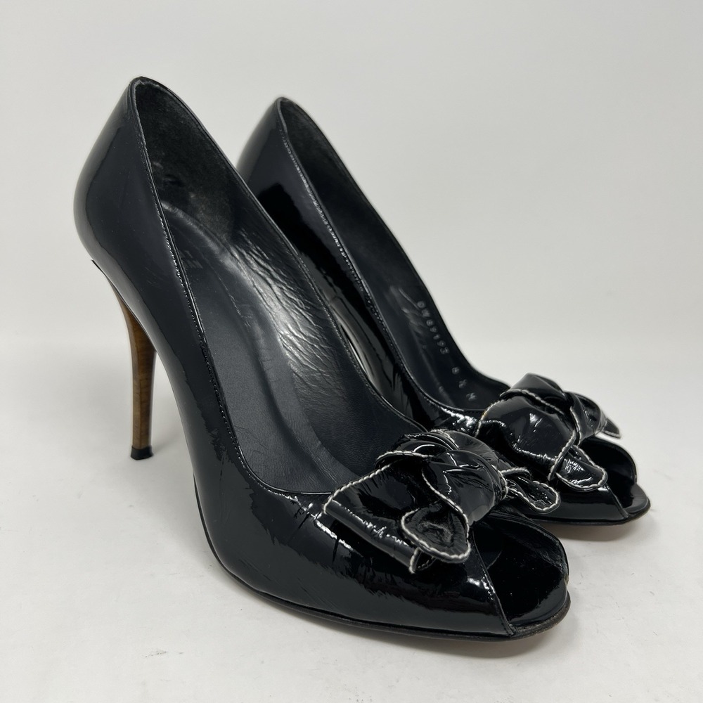 Stuart Weitzman Womens 8.5 Patent Leather Peep Toe Heels Woodbow Pumps Black Y2K